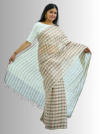 Pure Handloom Linen Beige Brown & Pink Check Saree