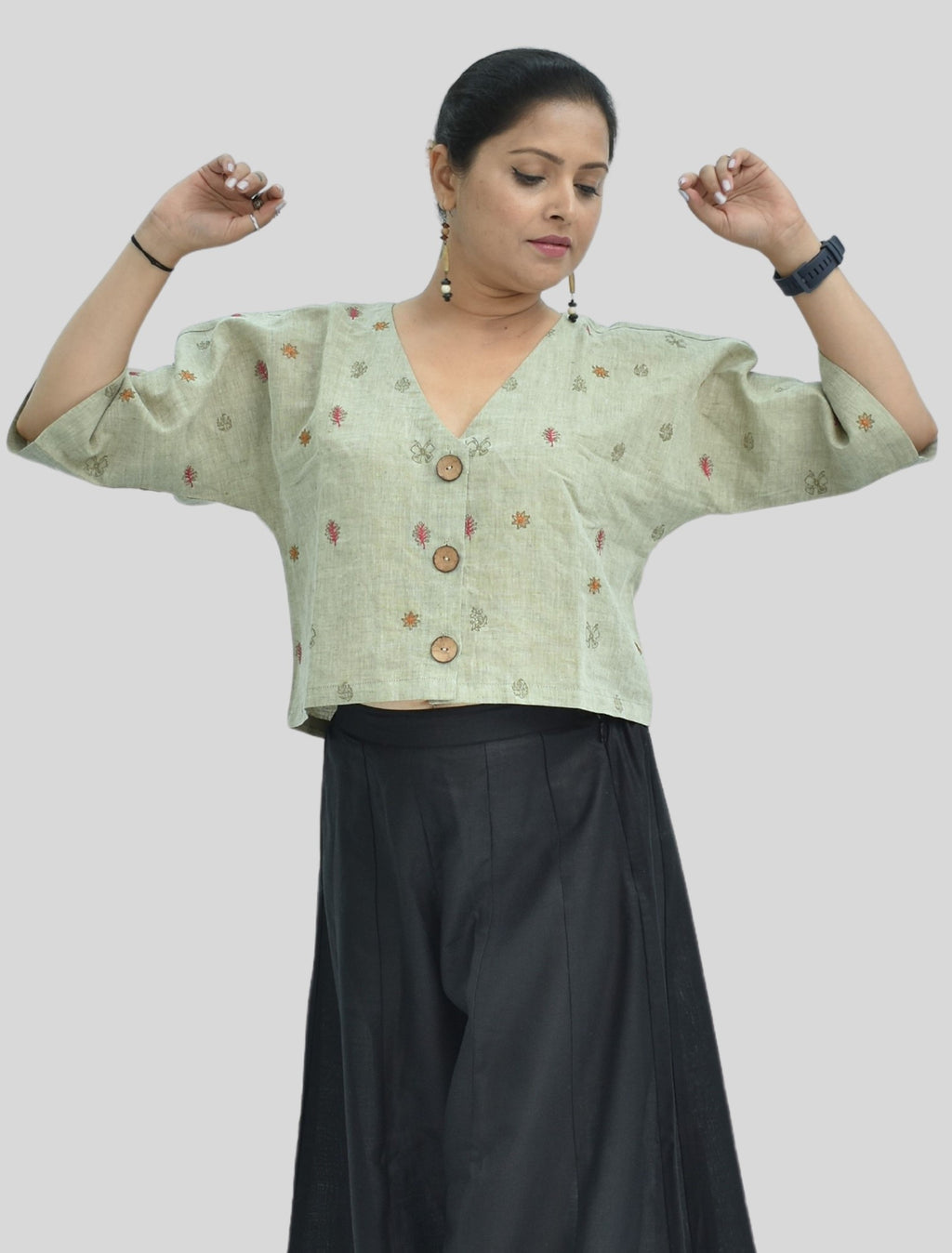 Pure Handloom Cotton Linen Earthy Green Color Hand embroidered Top
