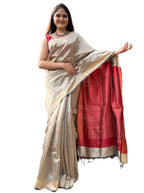 Pure handloom Beige and Red Ghicha Tussar Silk sare