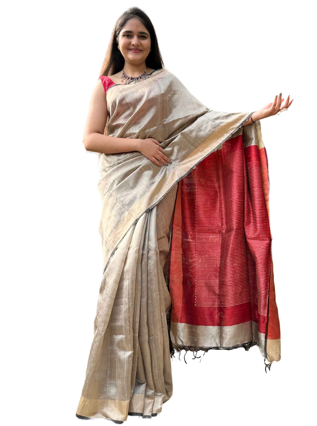 Pure handloom Beige and Red Ghicha Tussar Silk sare