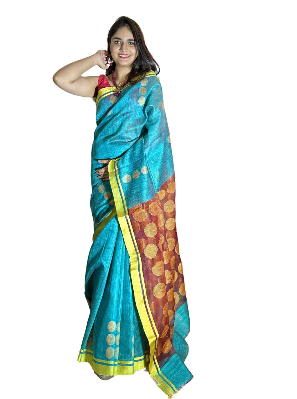 Pure handloom Teal Colour Tussar Silk Saree with Jamdani work