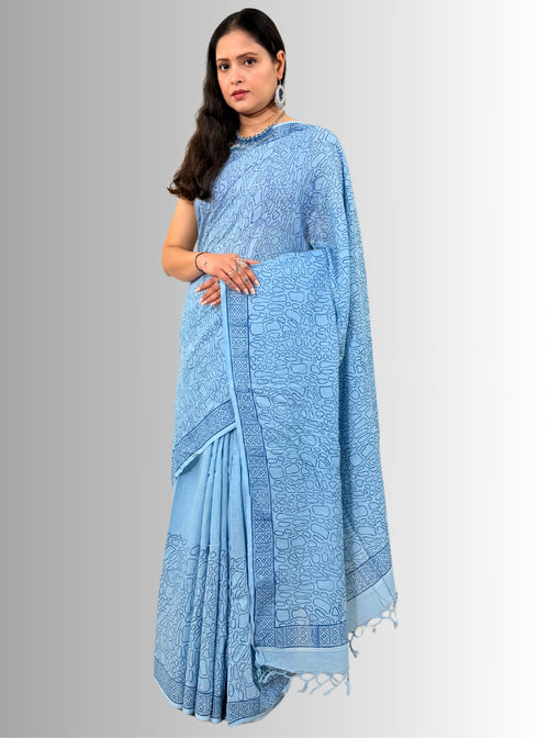 Handloom cotton linen sky blue jaal hand block print saree with blouse