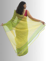 Chanderi Silk Lemon Yellow and Green Stripes Saree