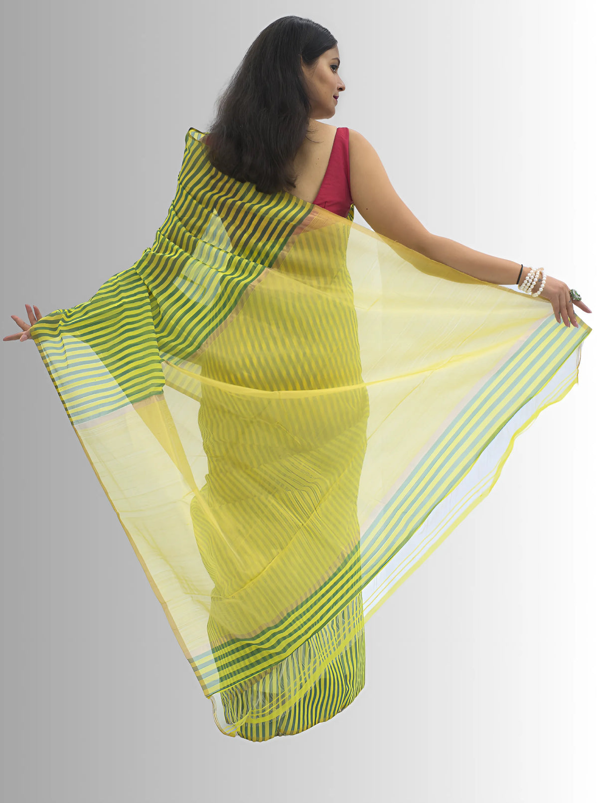 Chanderi Silk Lemon Yellow and Green Stripes Saree