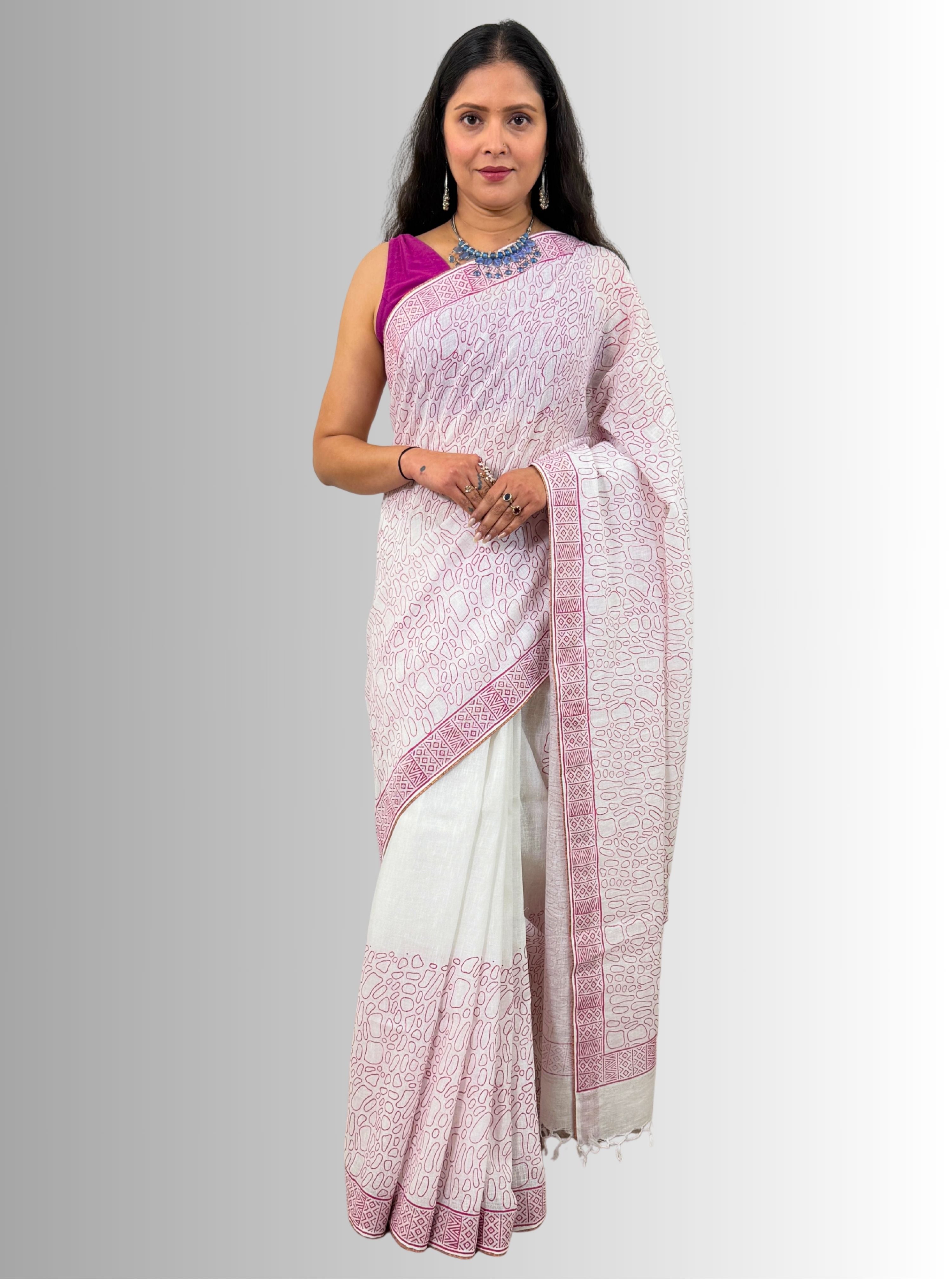 Handloom Cotton Linen White Hand Block Printed Saree with Blouse