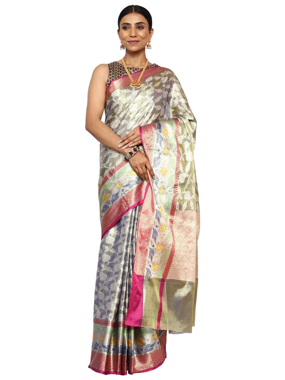 Tissue Silk Banarasi Metallic Green Saree with Meenakari Jaal Work