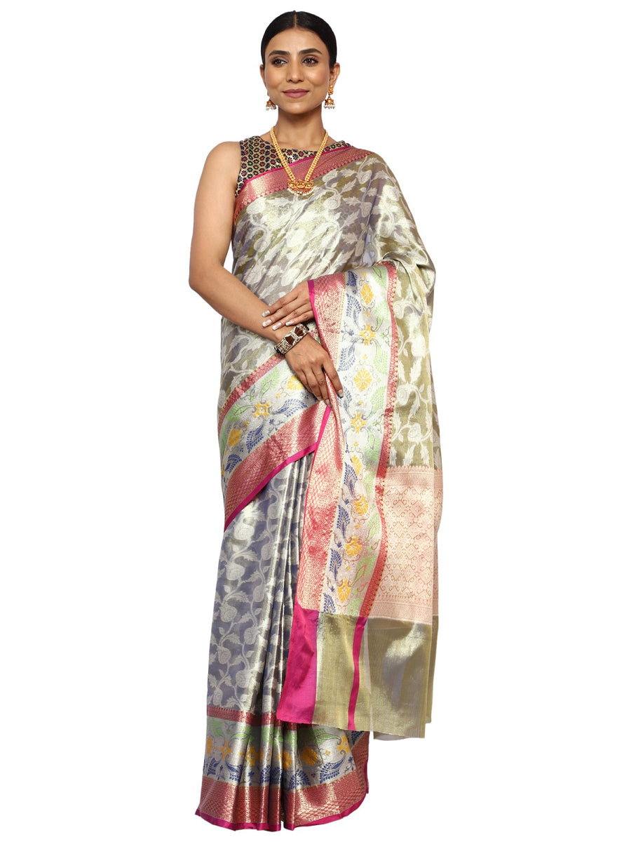 Tissue Silk Banarasi Metallic Green Saree with Meenakari Jaal Work