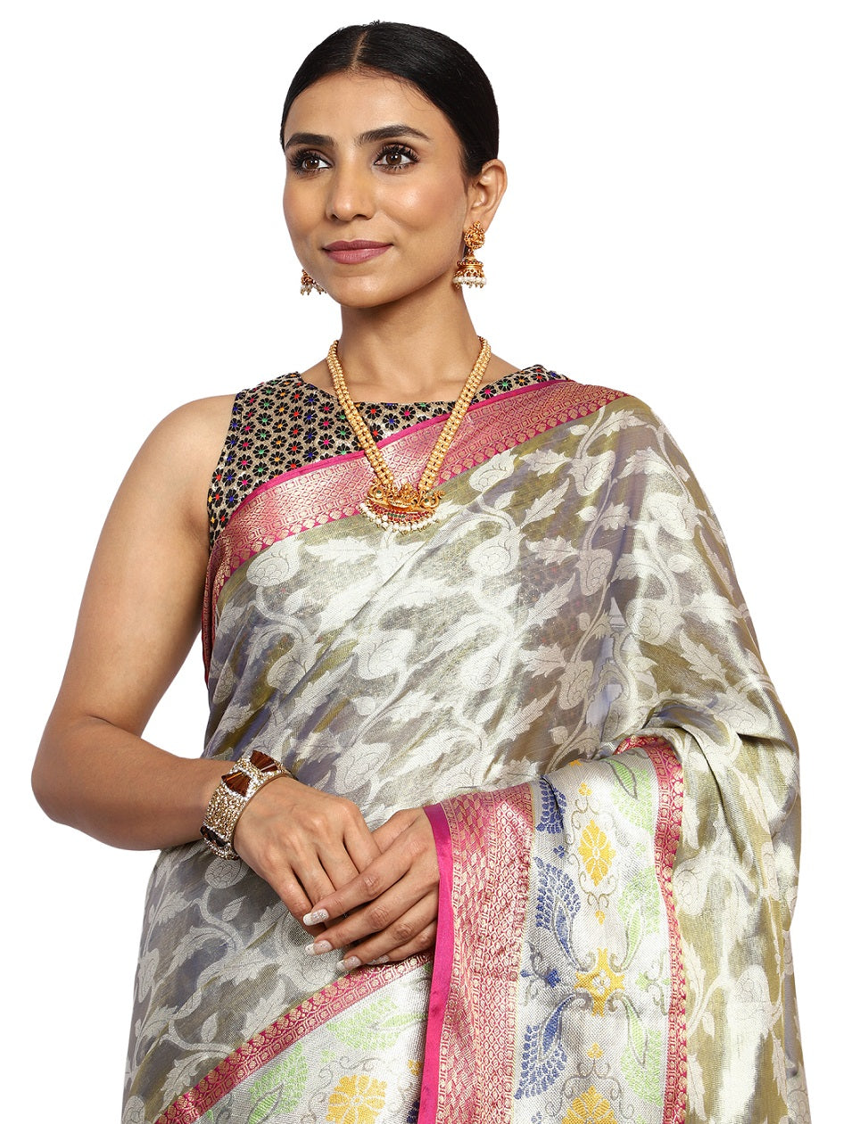 Tissue Silk Banarasi Metallic Green Saree with Meenakari Jaal Work