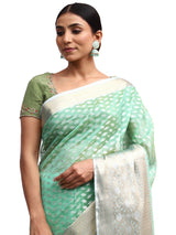 Jamdani Silk Banarasi Pista Green Saree with Zari Butta Work