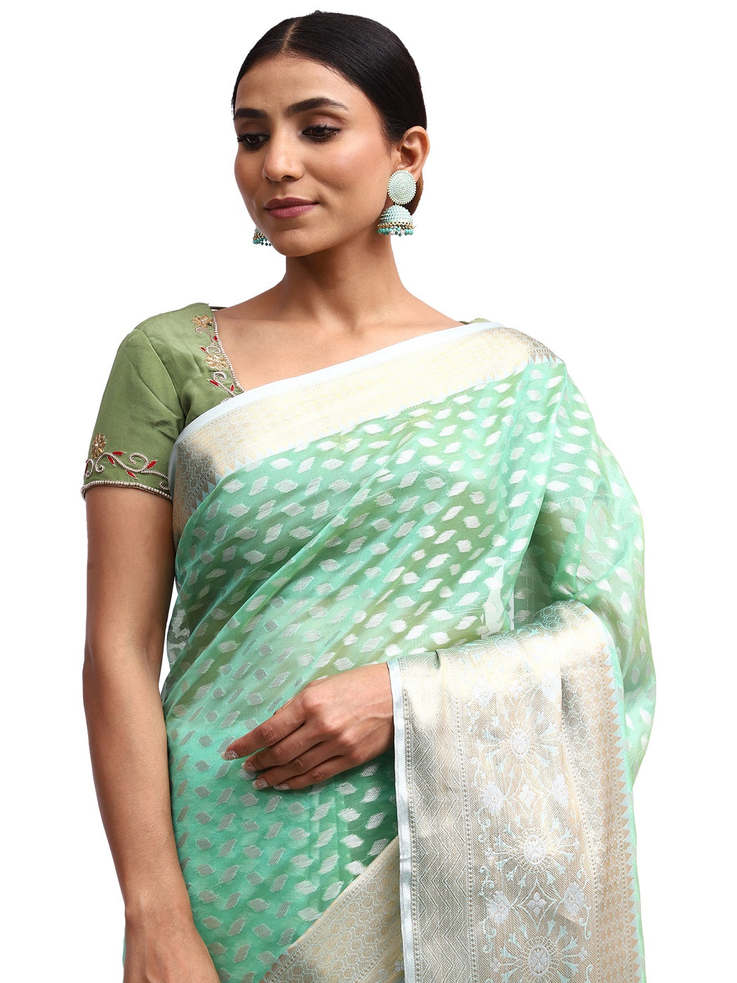 Jamdani Silk Banarasi Pista Green Saree with Zari Butta Work