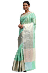 Jamdani Silk Banarasi Pista Green Saree with Zari Butta Work