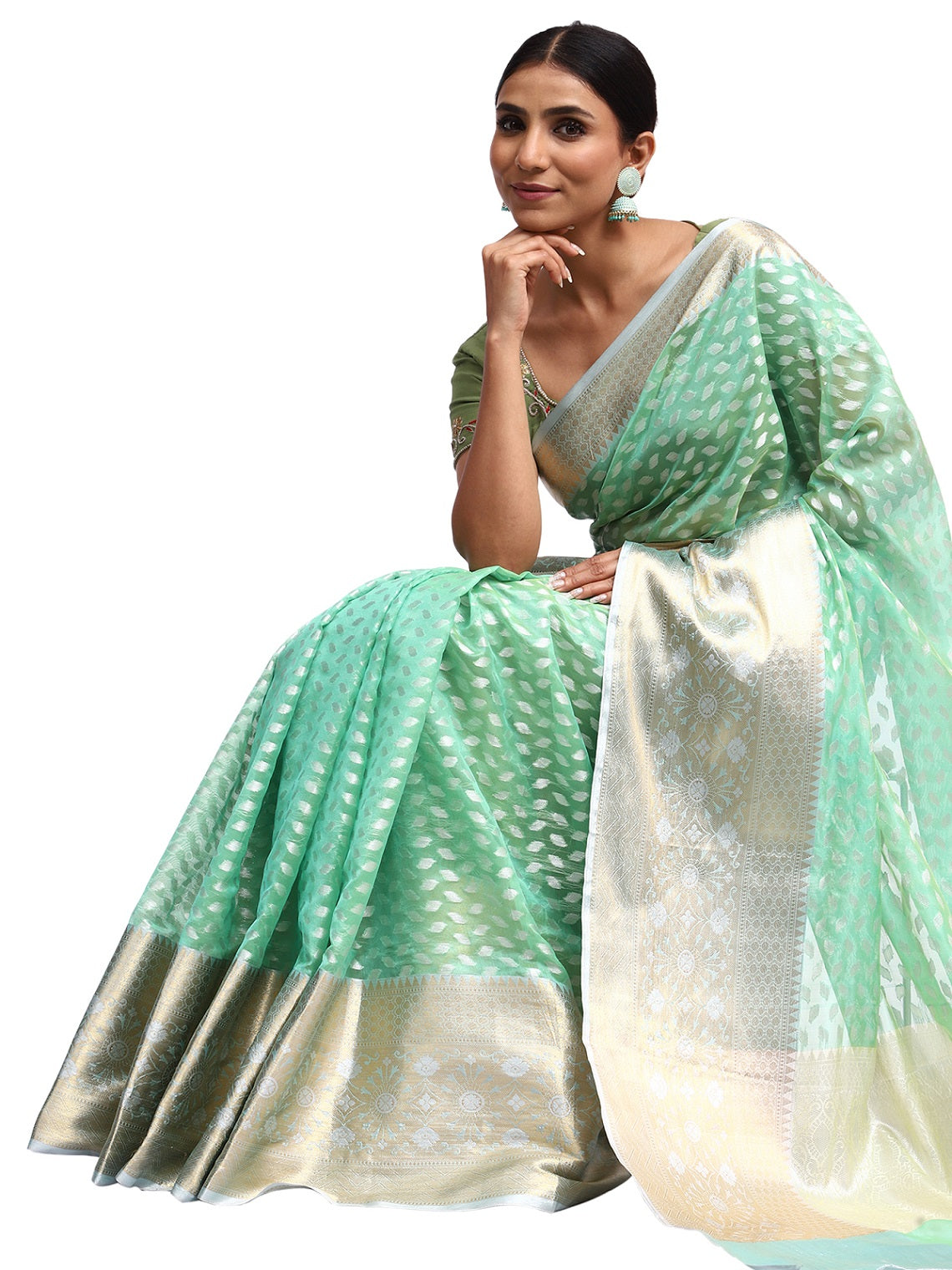 Jamdani Silk Banarasi Pista Green Saree with Zari Butta Work