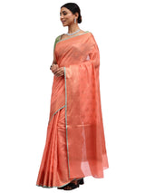 Cotton Silk Banarasi Peach Saree with Copper Zari Butti Work