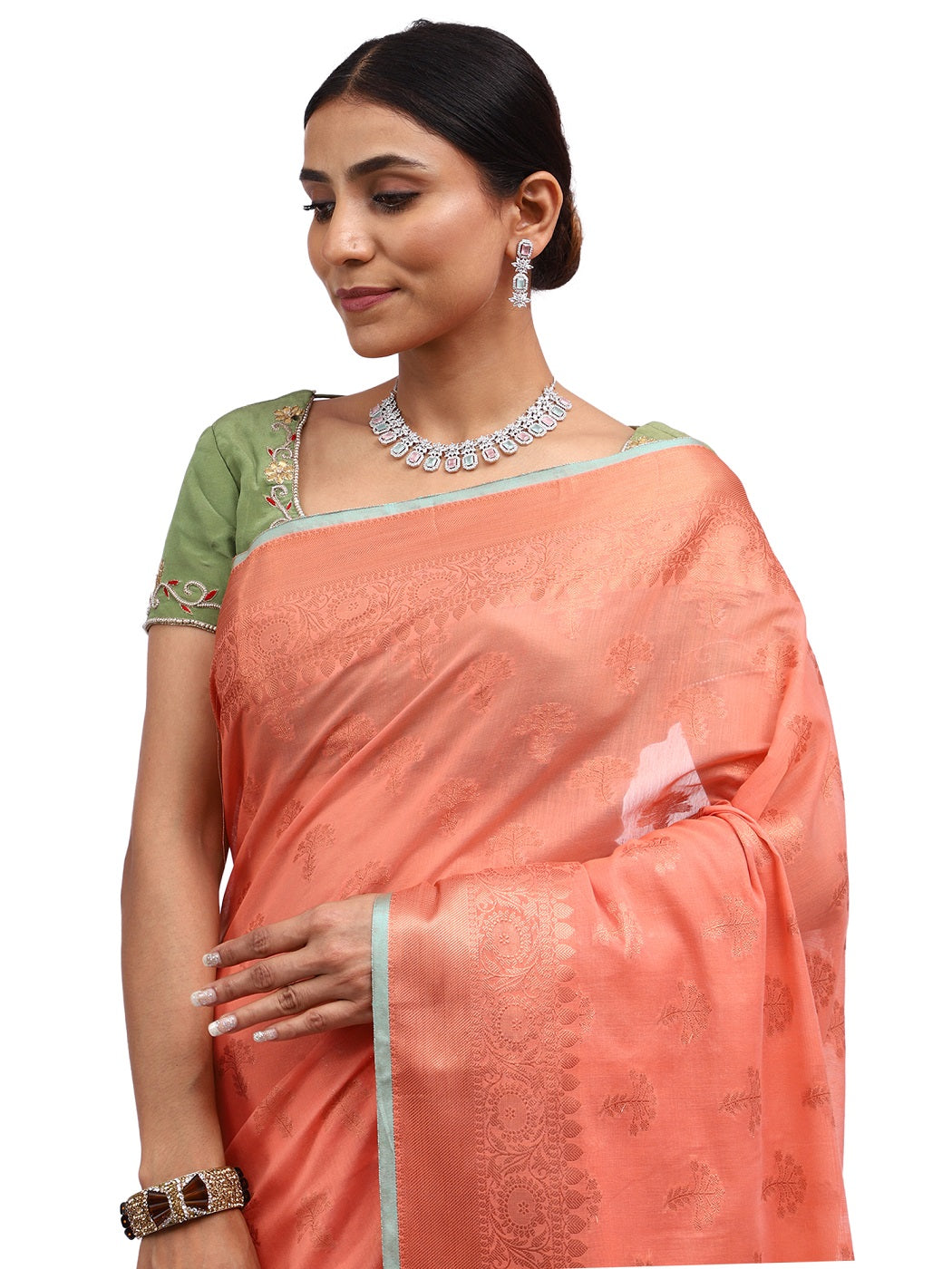 Cotton Silk Banarasi Peach Saree with Copper Zari Butti Work