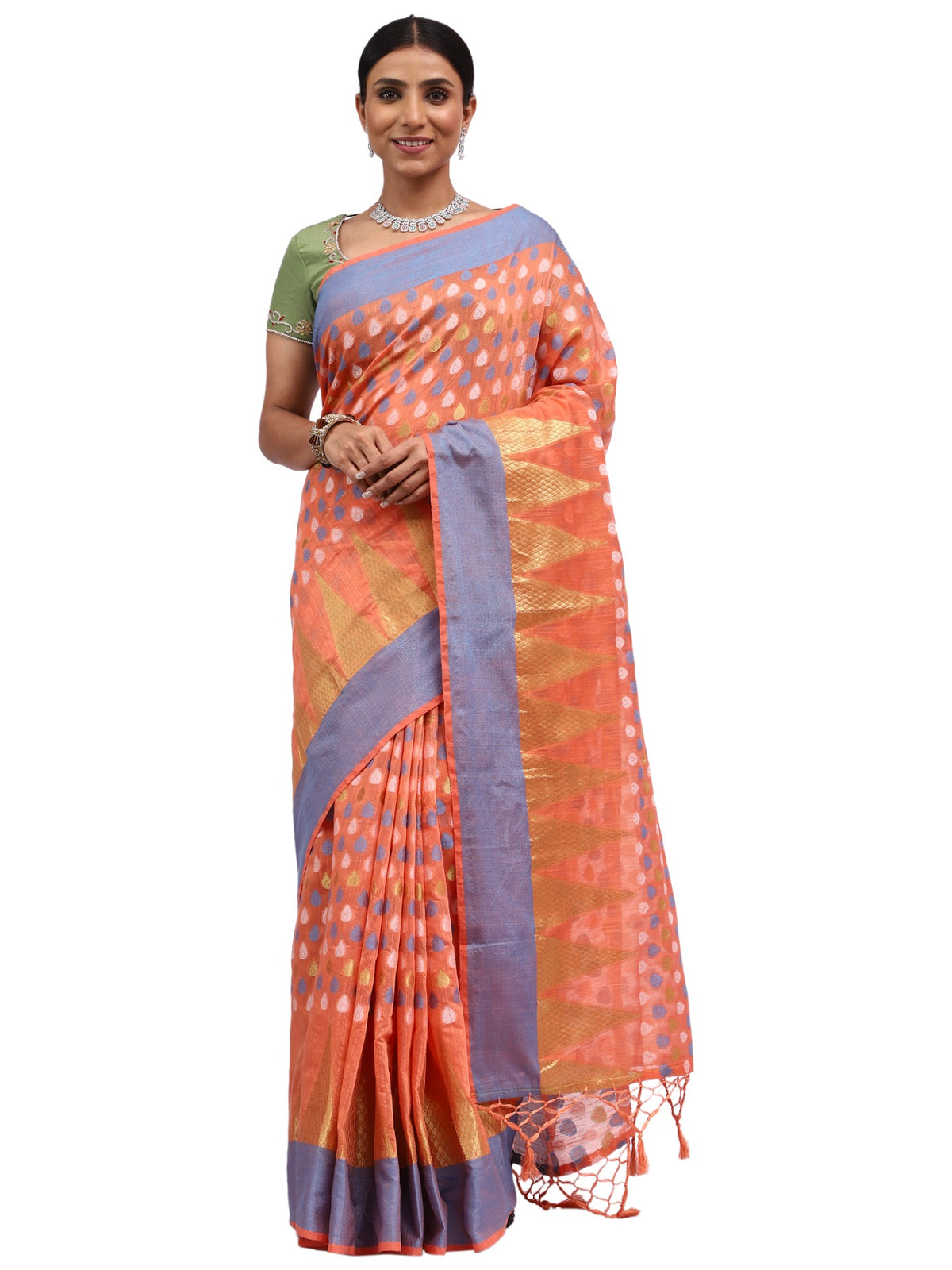 Cotton Silk Banarasi Peach Saree with Thread & Zari Border