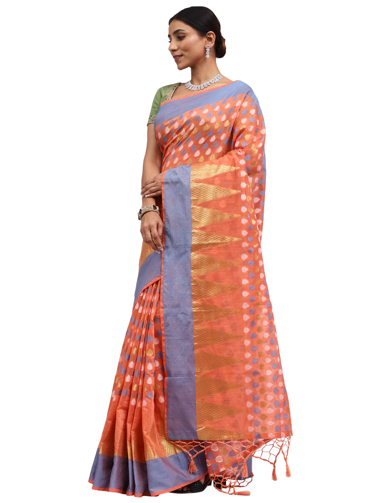 Cotton Silk Banarasi Peach Saree with Thread & Zari Border