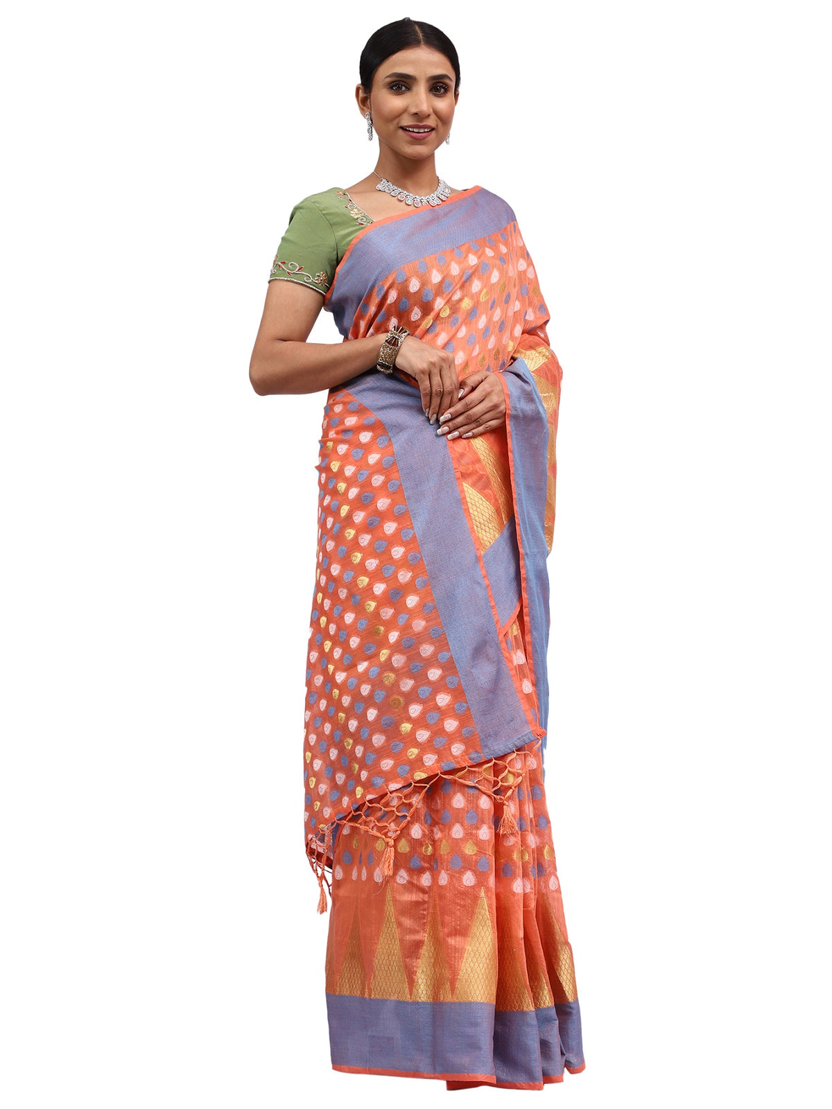 Cotton Silk Banarasi Peach Saree with Thread & Zari Border