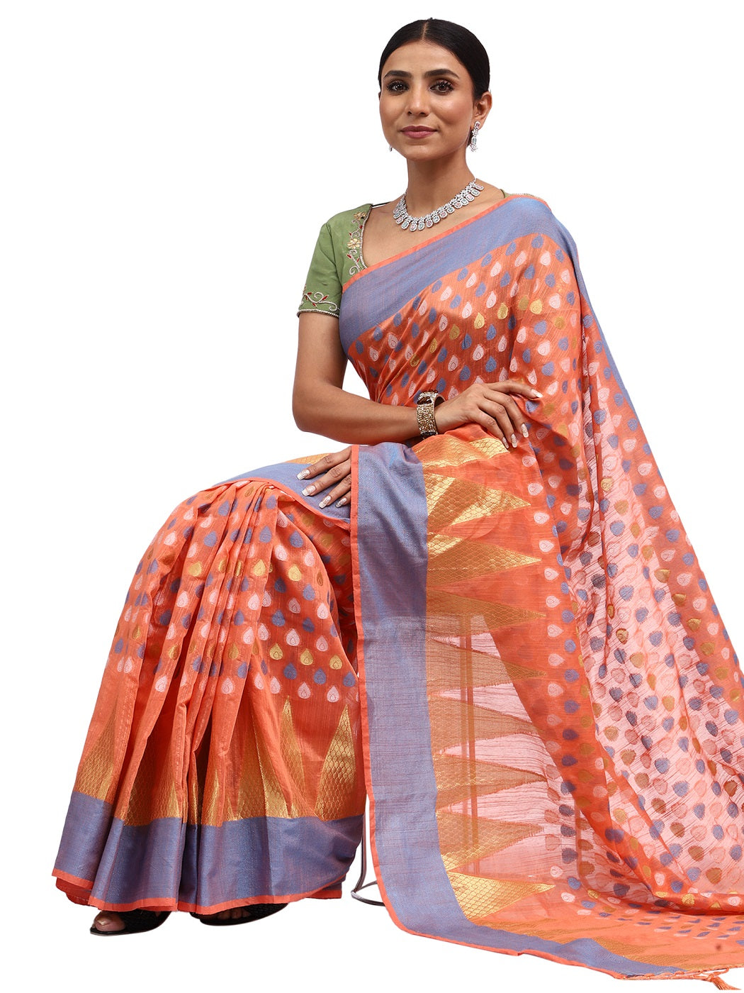 Cotton Silk Banarasi Peach Saree with Thread & Zari Border