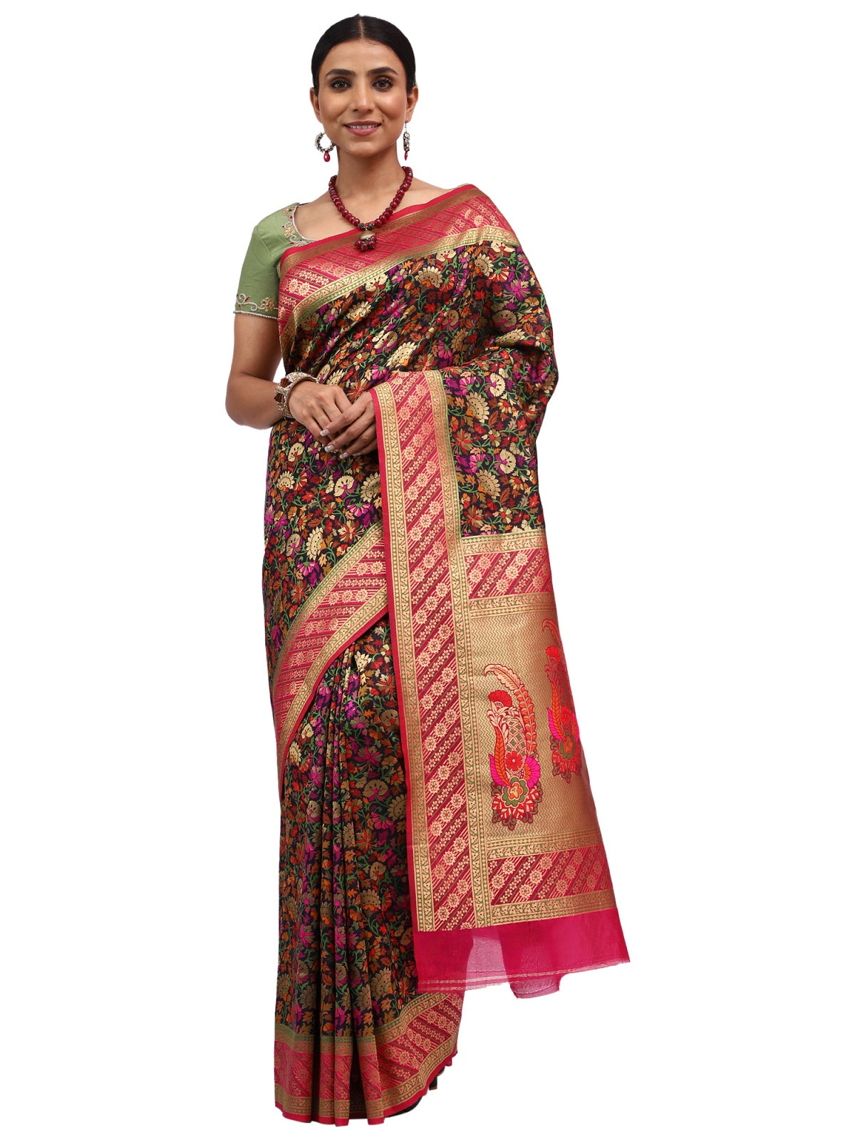 Ilfi Jamewar Banarasi Black Silk Saree with Zari Jaal Work