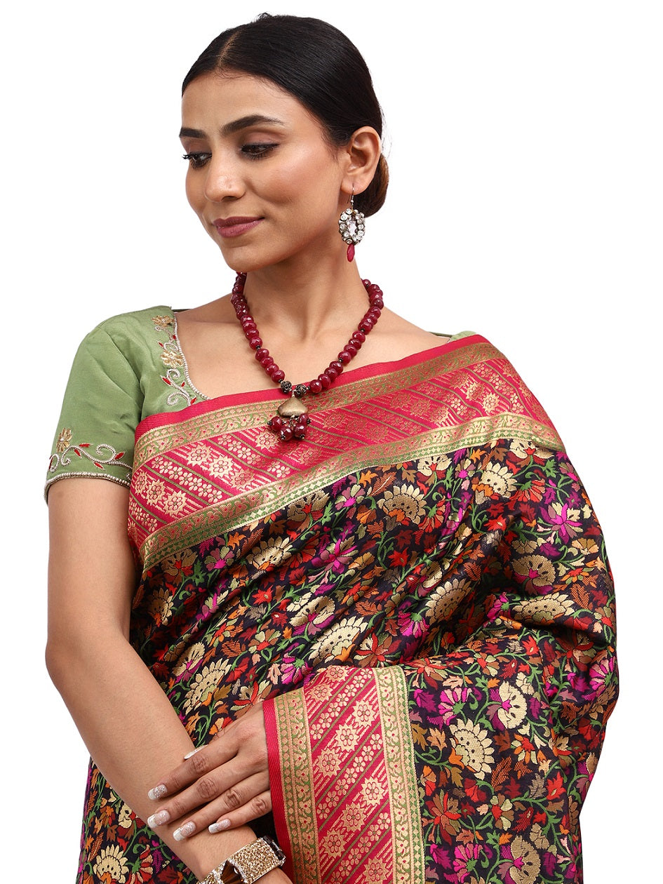 Ilfi Jamewar Banarasi Black Silk Saree with Zari Jaal Work