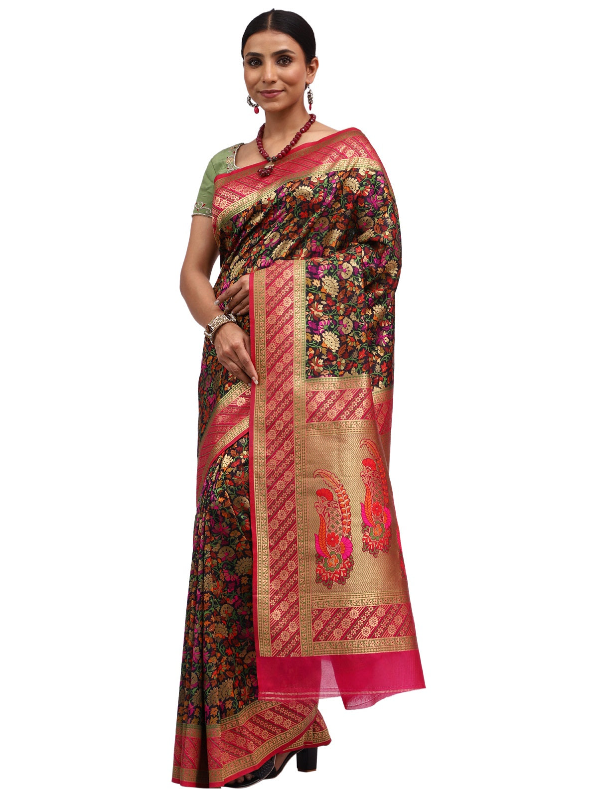 Ilfi Jamewar Banarasi Black Silk Saree with Zari Jaal Work