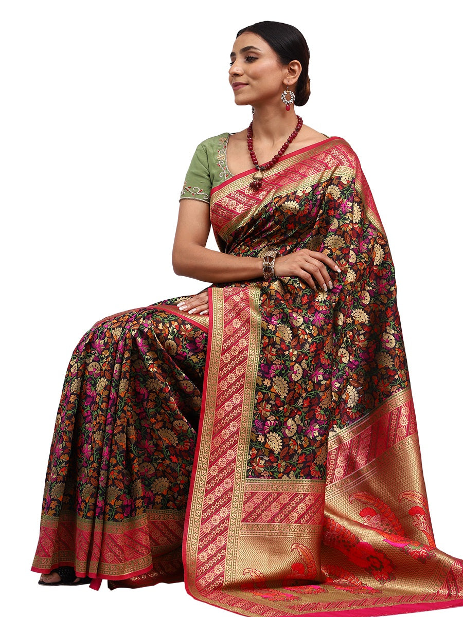 Ilfi Jamewar Banarasi Black Silk Saree with Zari Jaal Work
