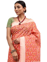 Jamdani Banarasi Peach Chanderi Silk Saree with Thread Work Jaal