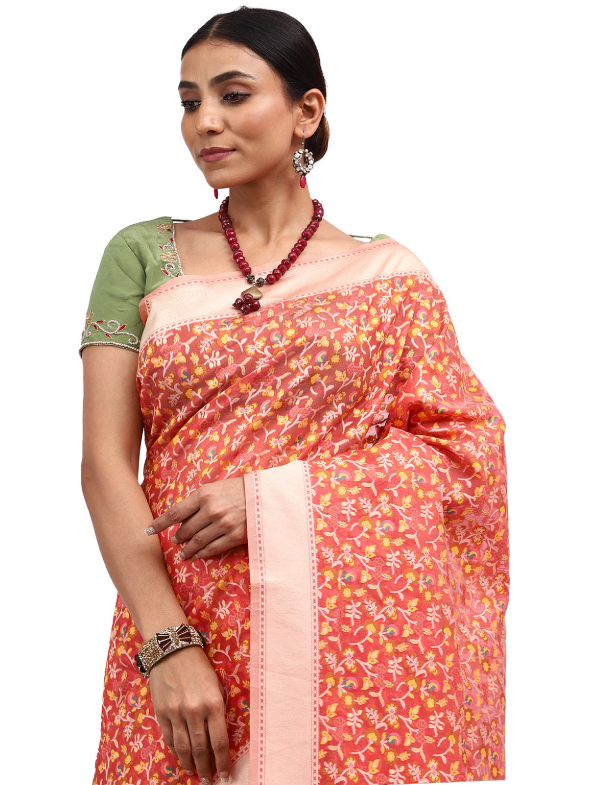 Jamdani Banarasi Peach Chanderi Silk Saree with Thread Work Jaal