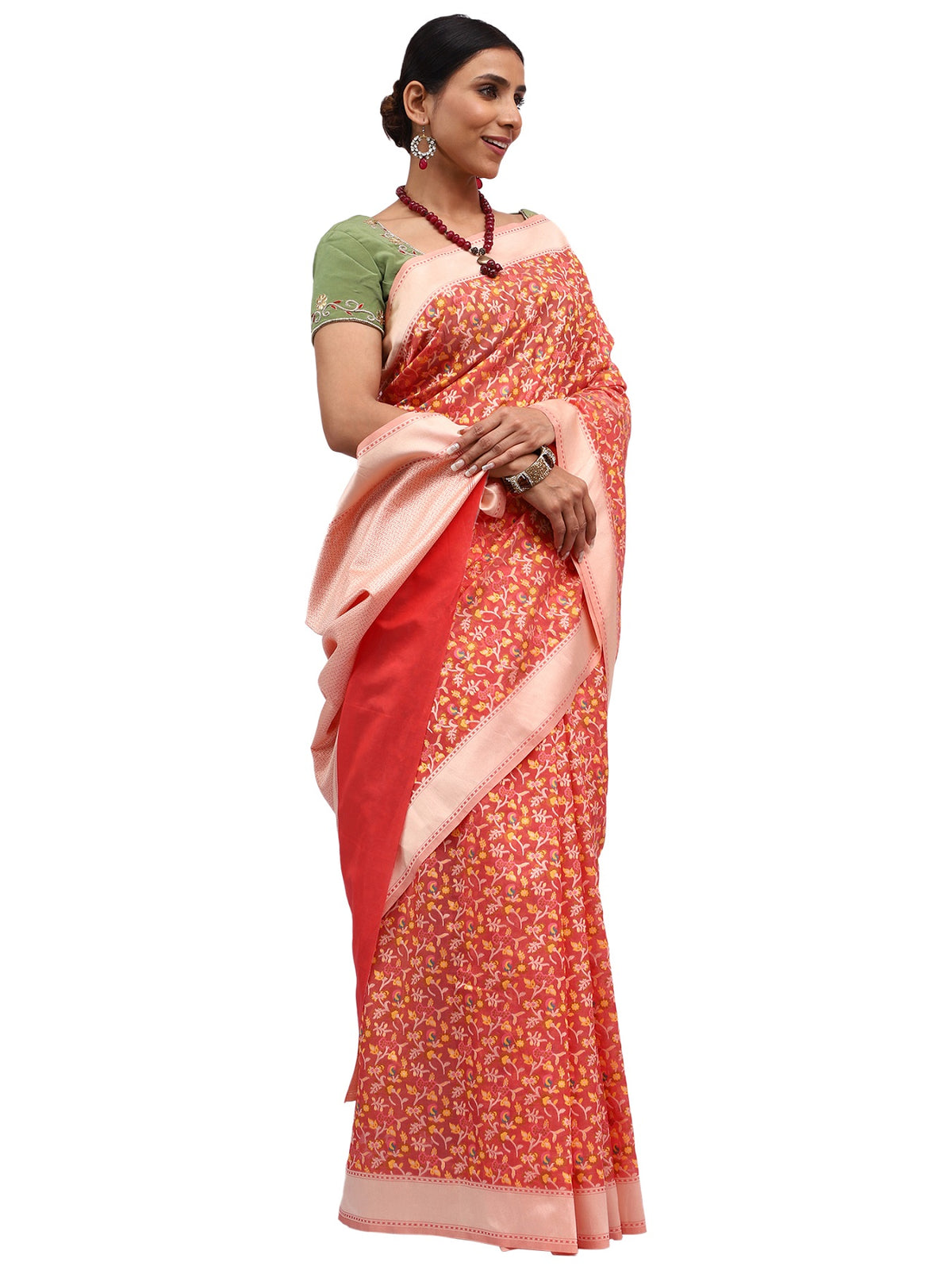Jamdani Banarasi Peach Chanderi Silk Saree with Thread Work Jaal