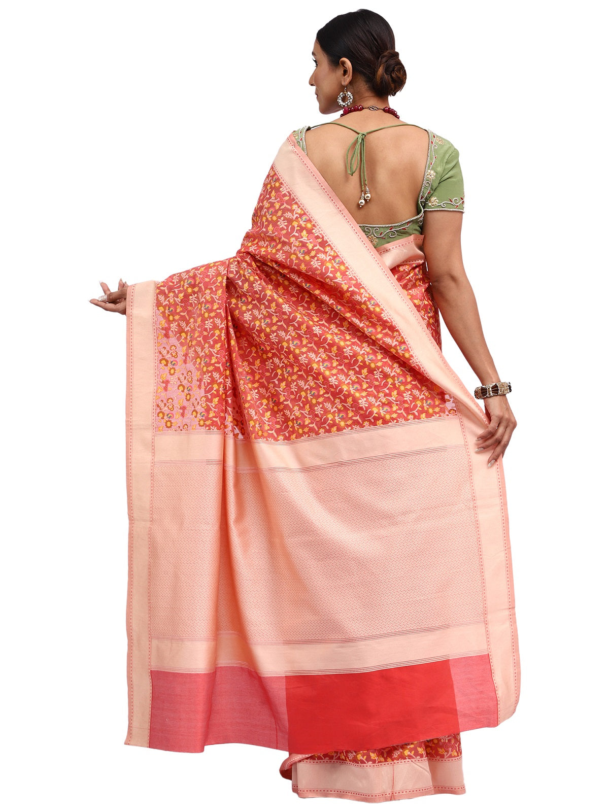 Jamdani Banarasi Peach Chanderi Silk Saree with Thread Work Jaal
