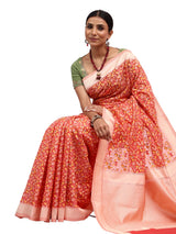 Jamdani Banarasi Peach Chanderi Silk Saree with Thread Work Jaal