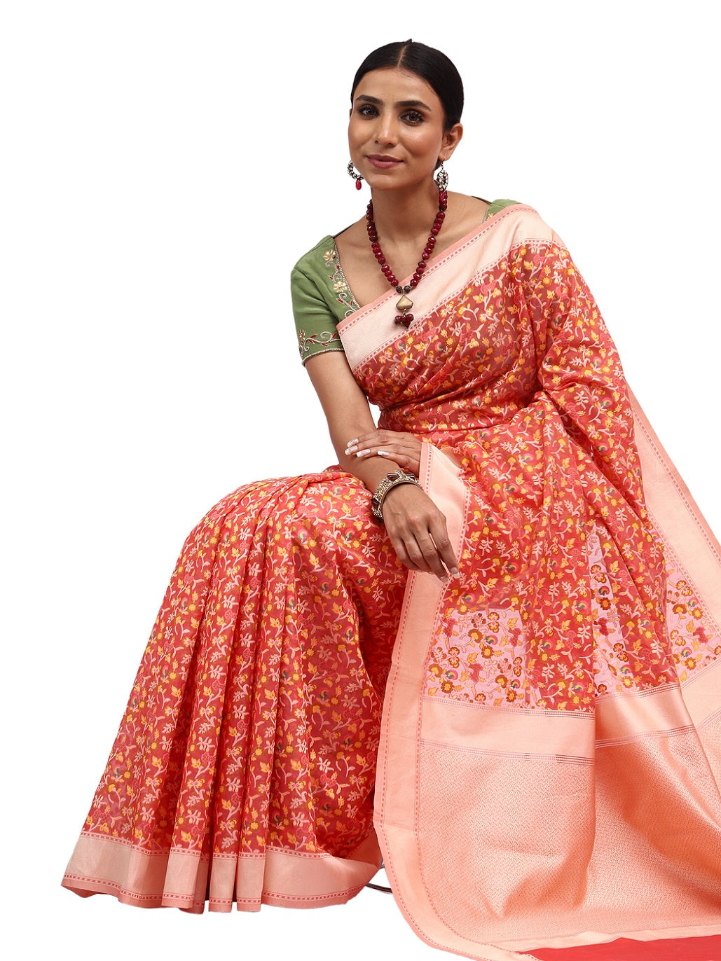Jamdani Banarasi Peach Chanderi Silk Saree with Thread Work Jaal