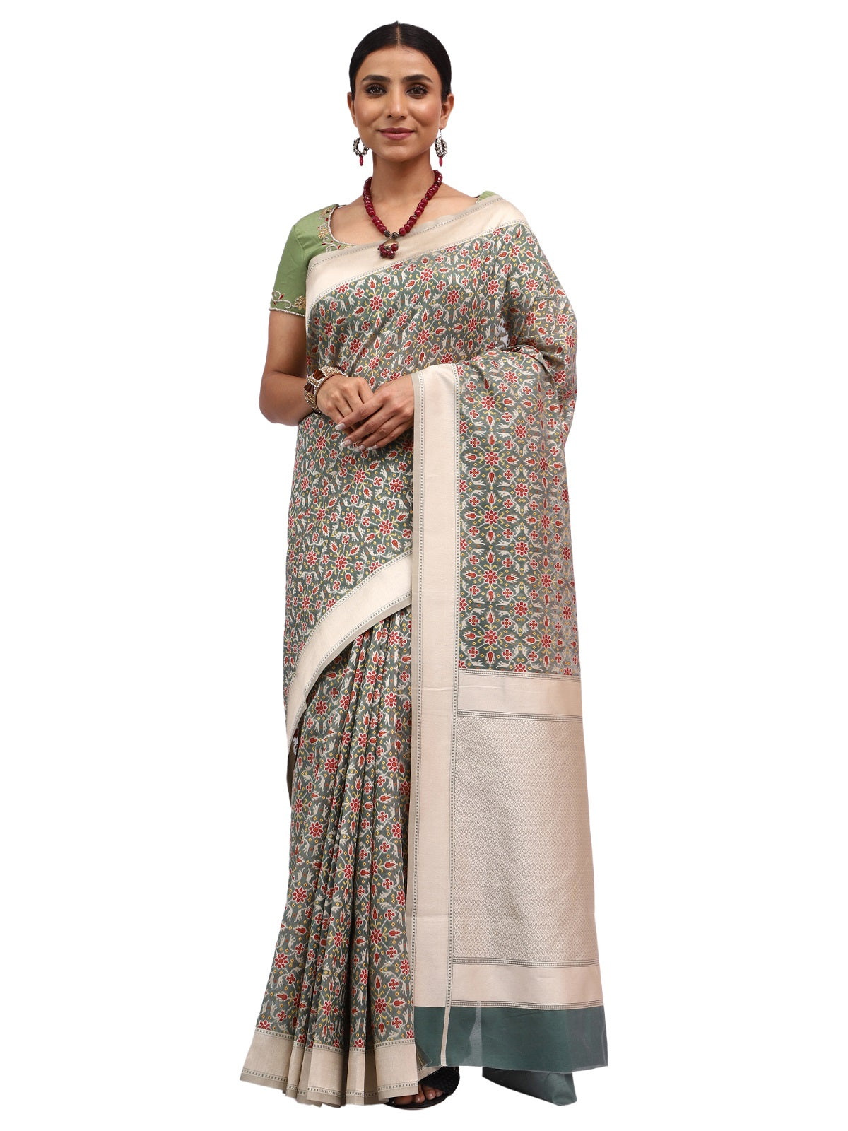 Jamdani Silk Banarasi Green Chanderi Silk Saree with Thread Work Jaal