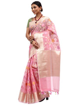Organza Silk Banarasi Pink Saree with Meenakari Jungla Zari Work