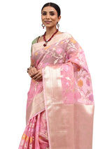 Organza Silk Banarasi Pink Saree with Meenakari Jungla Zari Work