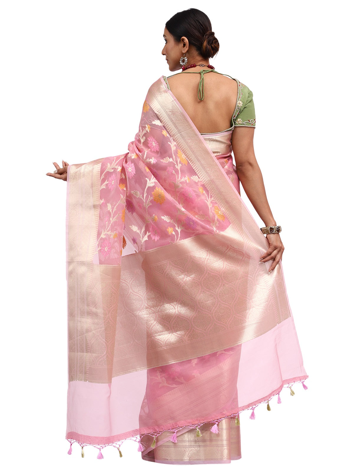 Organza Silk Banarasi Pink Saree with Meenakari Jungla Zari Work