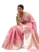 Organza Silk Banarasi Pink Saree with Meenakari Jungla Zari Work