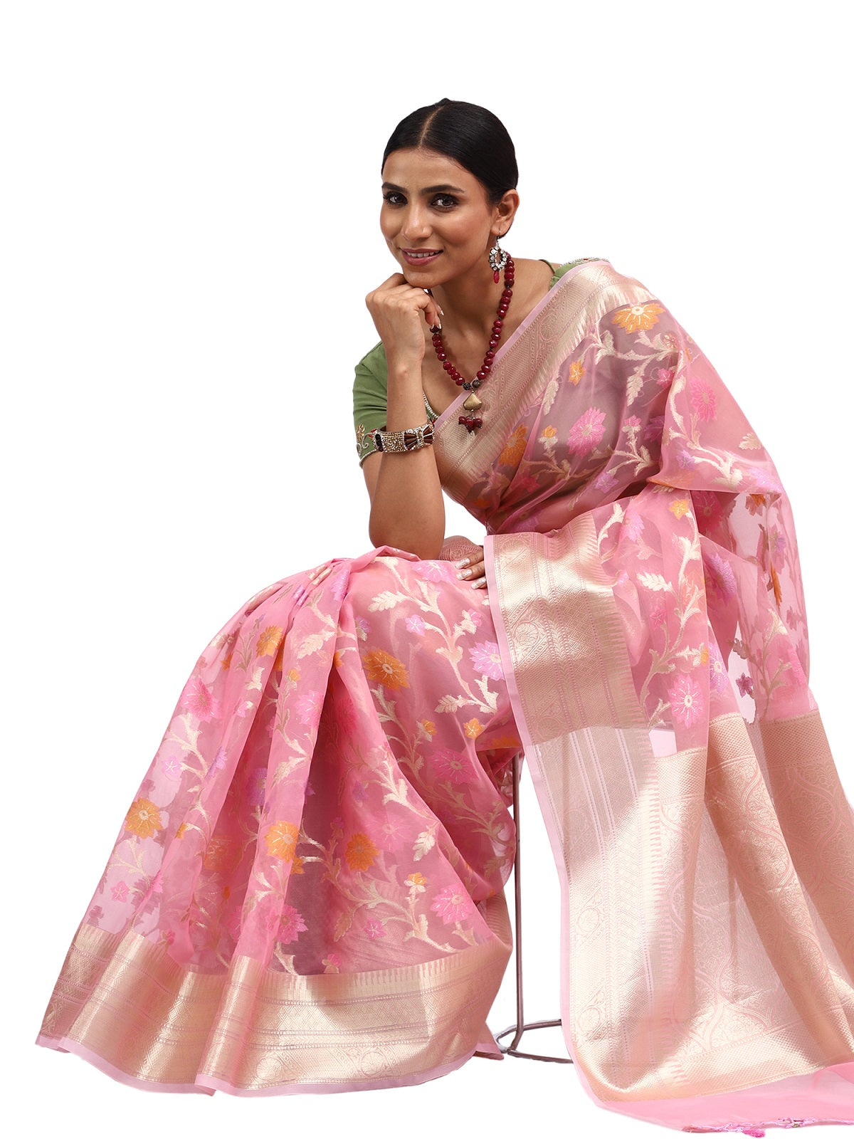 Organza Silk Banarasi Pink Saree with Meenakari Jungla Zari Work