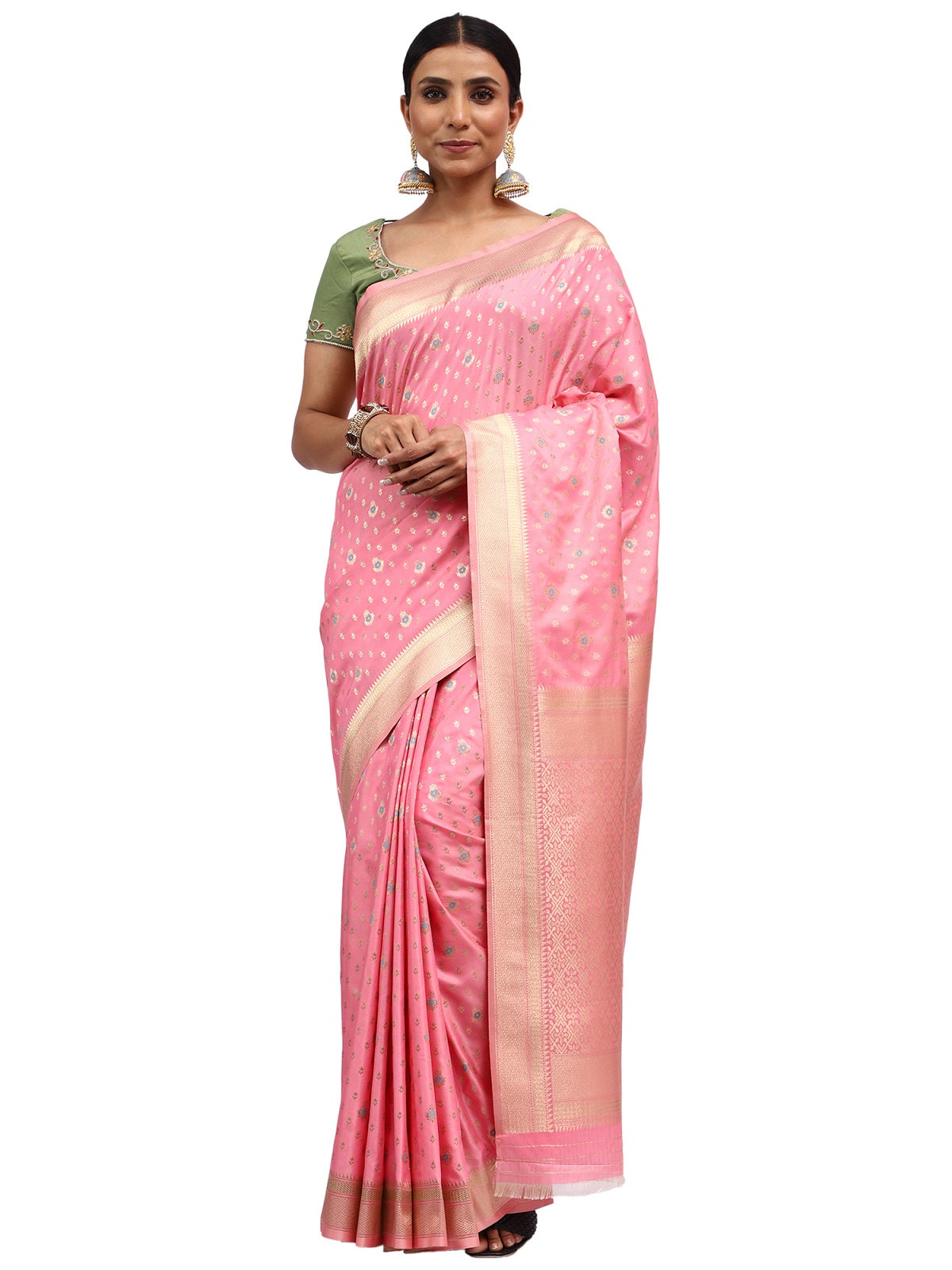 Kataan Silk Banarasi Pink Saree with Meenakari Butti Zari Work