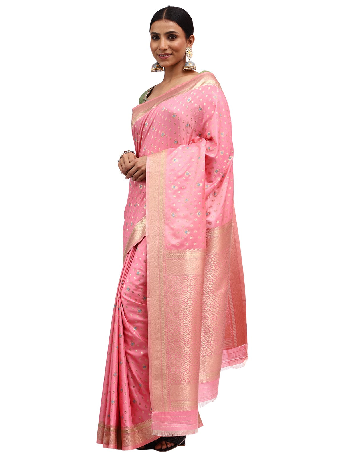 Kataan Silk Banarasi Pink Saree with Meenakari Butti Zari Work