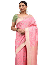 Kataan Silk Banarasi Pink Saree with Meenakari Butti Zari Work