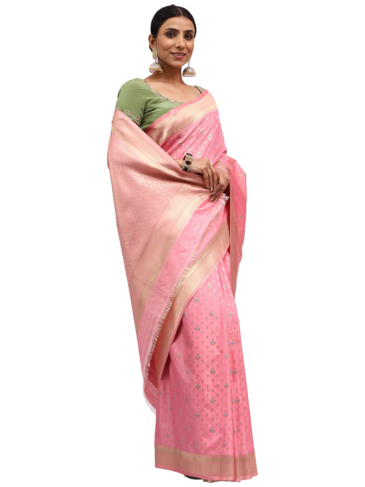 Kataan Silk Banarasi Pink Saree with Meenakari Butti Zari Work