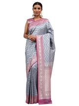 Katan Silk Banarasi Grey Saree with Brocade Lehariya