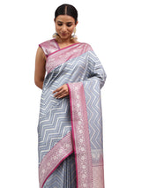 Katan Silk Banarasi Grey Saree with Brocade Lehariya
