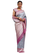 Katan Silk Banarasi Grey Saree with Brocade Lehariya