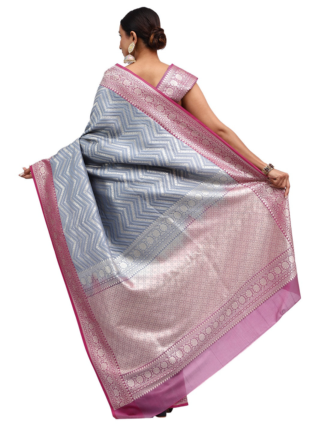 Katan Silk Banarasi Grey Saree with Brocade Lehariya