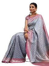 Katan Silk Banarasi Grey Saree with Brocade Lehariya