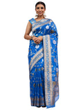 Organza Silk Banarasi Turquoise Saree with Golden Silver Jungla Work