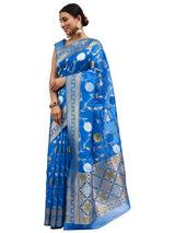 Organza Silk Banarasi Turquoise Saree with Golden Silver Jungla Work