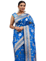 Organza Silk Banarasi Turquoise Saree with Golden Silver Jungla Work
